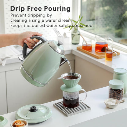 BUYDEEM K640 Stainless Steel Electric Tea Kettle with Auto Shut-Off and Boil Dry Protection, 1.7 Liter Cordless Hot Water Boiler with Swivel Base, 1440W, Cozy Greenish