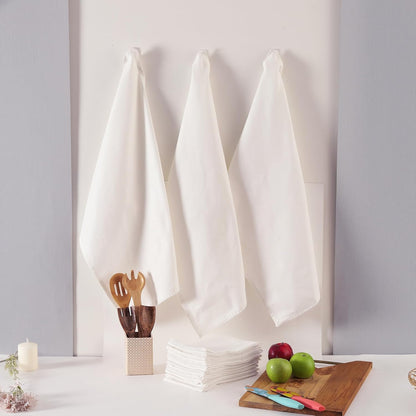 TARAN LIVING Kitchen Towels 100% Cotton Solid Kitchen Dish Cloths Decor Hand Towel Reusuable Dish Towel for Cleaning & Drying Tea Towels Set with Hanging Loop - 18"x 28" - White, Pack of 12