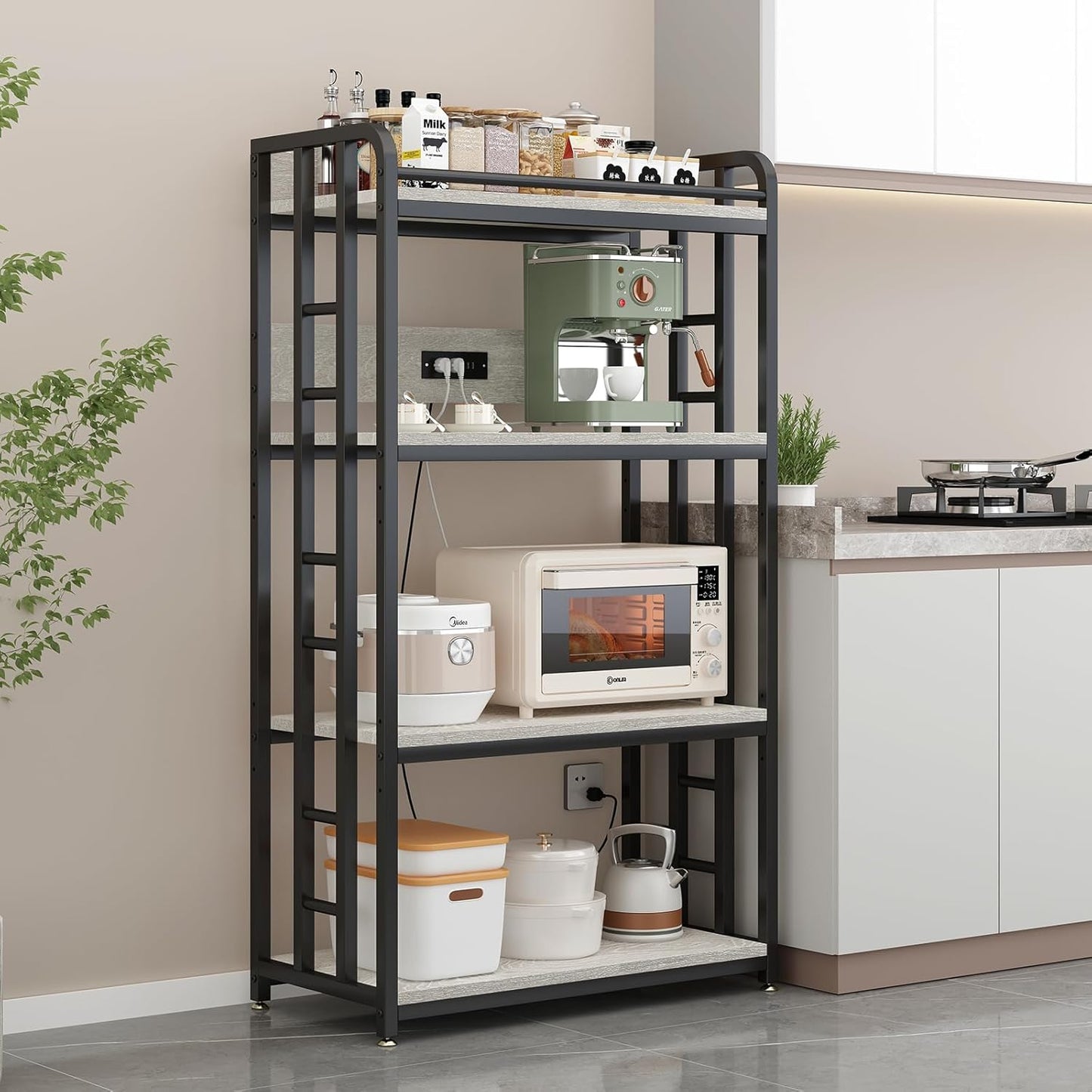 Adjustable 4-Tier Heavy Duty Kitchen Baker's Rack with Power Outlet, with Industrial Wheels, Free Standing Microwave Oven Cart Stand for Storage in Living Room, Garage, Greige