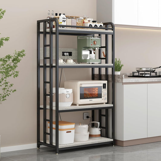 Adjustable 4-Tier Heavy Duty Kitchen Baker's Rack with Power Outlet, with Industrial Wheels, Free Standing Microwave Oven Cart Stand for Storage in Living Room, Garage, Greige