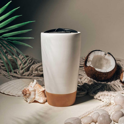 Mora Double Wall Ceramic Coffee Travel Mug with Lid, 14 oz, Portable, Microwave, Dishwasher Safe, Insulated Reusable Tall Cup, Splash Resistant Lid - To Go Tumbler for Car Cup Holder, Cotton White