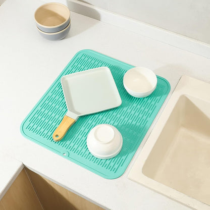 Silicone Dish Drying Mat for Multiple Usage,Easy clean,Eco-friendly,Heat-resistant Silicone Mat for Kitchen Counter or Sink,Refrigerator or Drawer Liner Mint XL 18 inches x 16 inches