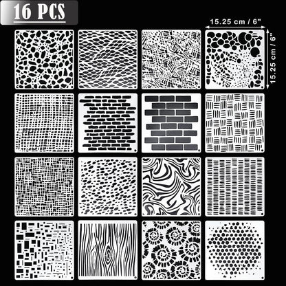 16Pcs Geometric Pattern Stencils for Crafts 6x6 Inch Brick Dot Layering Stencils for Painting on Wood Mixed Media Texture Stencil for Painting on Walls Furniture Fabric Canvas Card Making