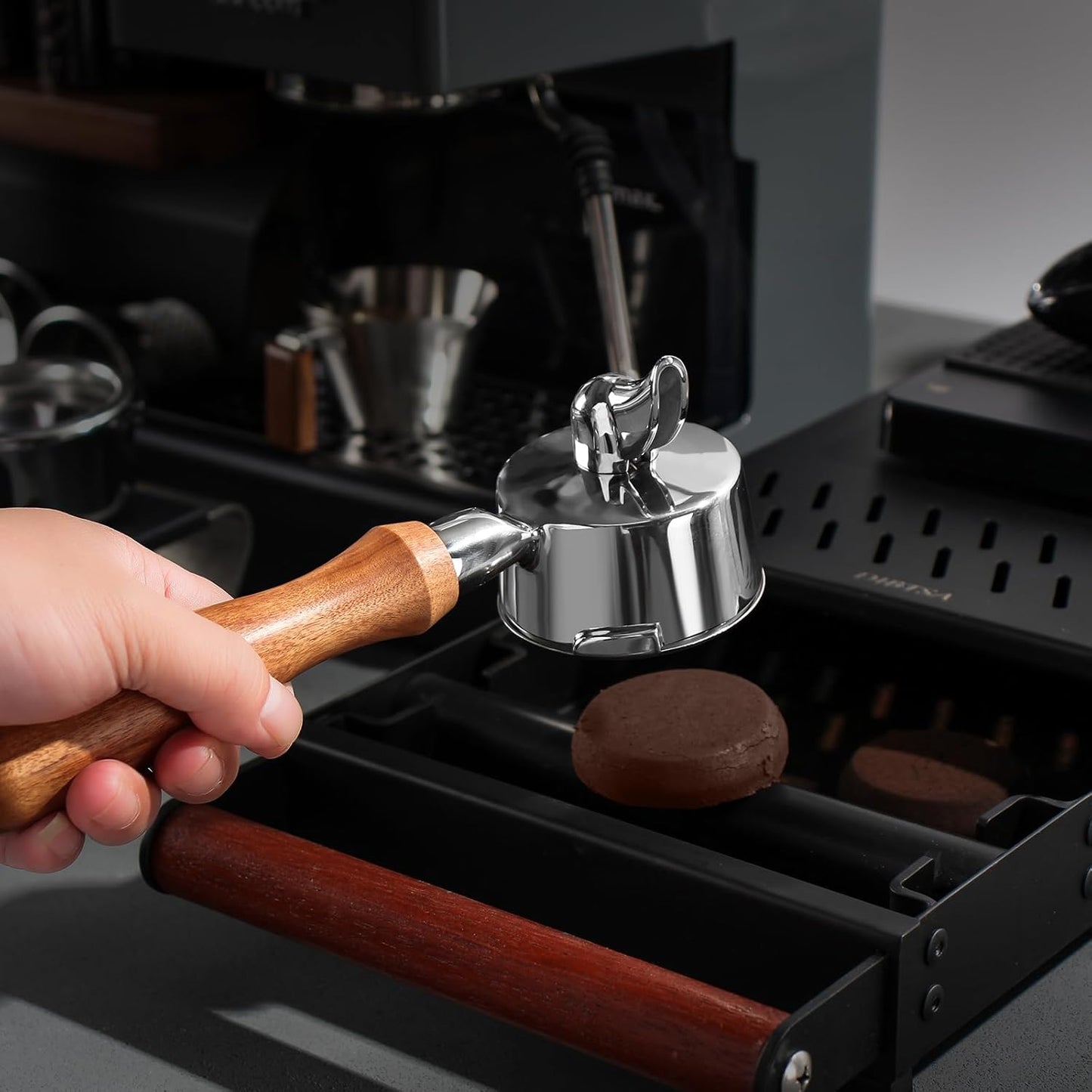 Espresso Knock Box Drawer,Stainless Steel Detachable Coffee Pucks Knock Container, Shock-Absorbent Durable Barista Style Knock Box, Removable Knock Bar,Wood handle and Non-Slip Base (Black)