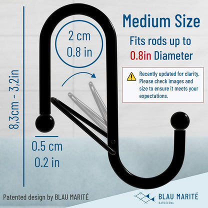 10-Pack Metal S Hooks for Hanging – Heavy-Duty S-Shaped Hook with Safety Buckle – Fits Bars up to 0.8 in – Anti-Drop S-Hooks for Kitchen, Bathroom, Closet & Pot Racks – Black (Medium)