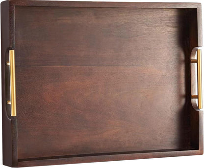 Joy&Grace Acacia Wooden Serving Tray with Metal Handles 16.7 x 12.8 inch Decorative Ottoman Tray for Living Room Coffee Table Large (Color Brown)