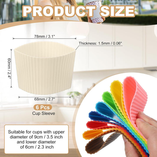 uxcell 6Pack Coffee Cup Sleeves, Reusable Silicone Heat Resistant Cup Protective Sleeve Nonslip Mug Protector Cover for Home Travel Coffee Mug Glasses Water Bottle Boots, Cream White