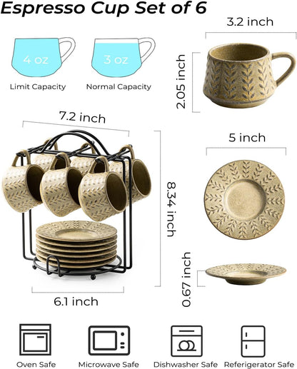 Espresso Cups Set with Saucer and Metal Stand, Porcelain Small Demitasse Cups Cappuccino Cups for Espresso, Latte, Cafe Mocha, Cappuccino, and Tea, 4 oz, Set of 6, Yellow