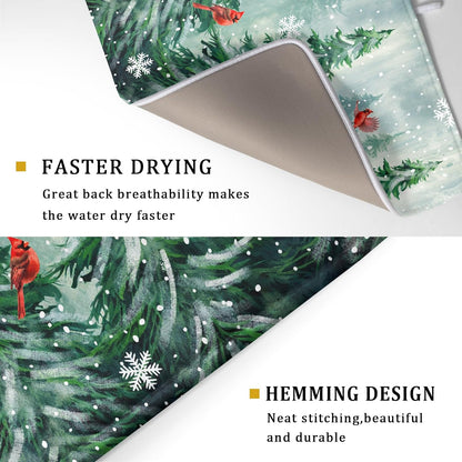 Welcome Winter Pines Tree Dish Drying Mat, Winter Snowflake Dish Drying Mat for Kitchen Counter, Red Birds Absorbent Fast Dry Dish Drainer Mat Protector Xmas Microfiber Dish Drying Pad 16"x18"