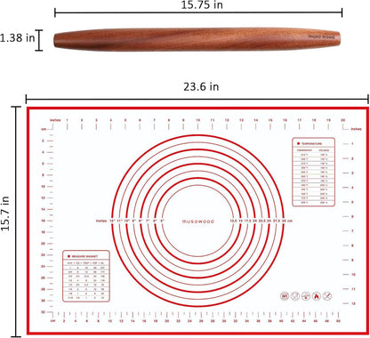 Muso Wood French Rolling Pin and Silicone Baking Mat Set, Sapele Wooden Rolling Pin 15.75 Inch and Tapered Roller for Fondant, Pie Crust, Cookie, Pastry