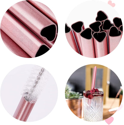 NiHome Reusable Straws 16 Pack, Stainless Steel Drinking Straws, Heart Shaped Metal Straw Bulks with 2 Cleaning Brushes for Smoothies Tumblers Cocktail MilkShake, Pearl Pink