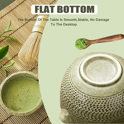 Ceramic Japanese Style Matcha Bowl Whisk Holder Temperature Resistant Braid Textured Matcha Tea Bowl Set With Spout for Trip (Green)