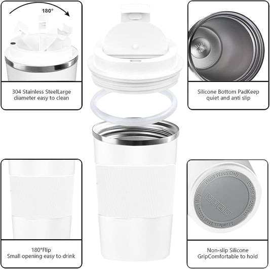 YINBAOGE Insulated Travel Coffee Mug Spill Proof Leak Proof Pobtable To Go Camping Stainless Steel Coffee Tumbler Reusable Coffee Cups with Lids Thermos for Hot and Cold Drink (White, 12 OZ)
