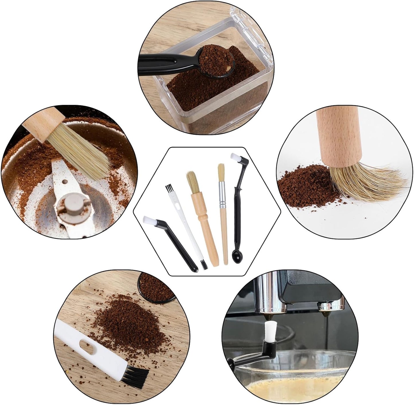 5 Pcs Coffee Grinder Brush Group Head Brush Brushes Kit Nylon Machine Cleaning Brushes Wooden for Coffee Machine