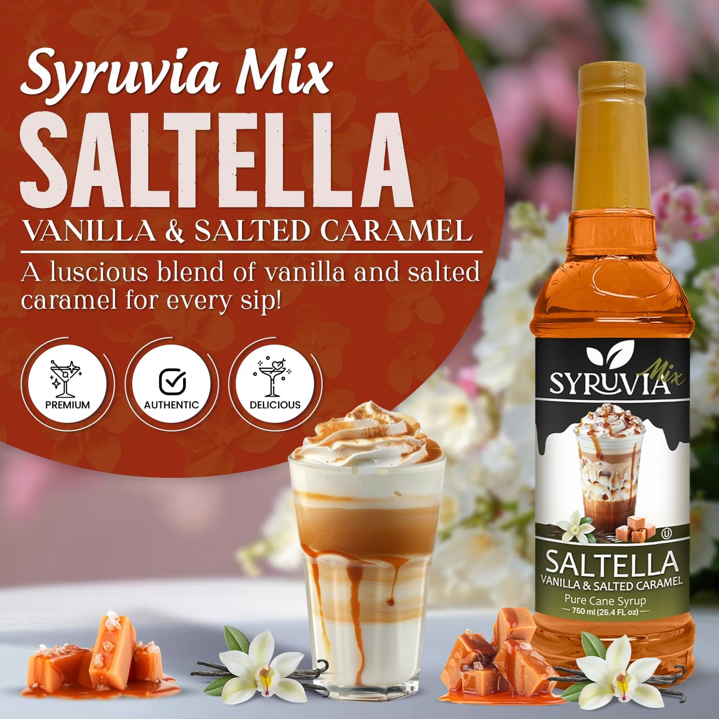 Syruvia SALTELLA Coffee Syrup Vanilla Salted Caramel - 25.4 fl oz - Kosher Coffee Syrups, Gluten Free, No Coloring, Perfect for Drinks, Soda, Shakes, Desserts, and More.