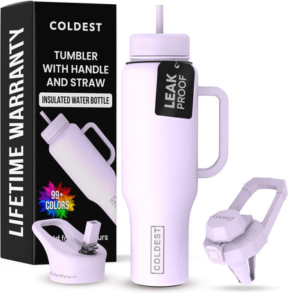 Coldest 40 oz Tumbler with Handle and Straw - 100% Leak Proof Insulated Tumbler with Lid and Straw (3 Lids) - Stainless Steel Tumblers for Women & Men - Cup Holder Friendly Base, 46 oz (Lilac Blue)