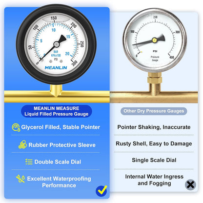 MEANLIN MEASURE 0~300Psi Stainless Steel Liquid Filled Pressure Gauge 1/4" NPT 2.5" FACE DIAL with Rubber Protective Sleeve, Center Back Mount