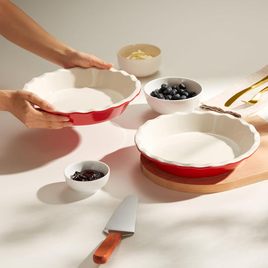 KooK Pie Pan, Ceramic Reusable Round Pie Dish, Quiche Baking Dish, Deep, Wave Edge, For Cakes, Tart, Casseroles, Tarts, Microwave, Oven and Dishwasher Safe, 9-Inch, 36 oz, Set of 2, Cherry