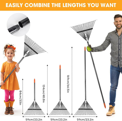 42 HRC Steel Gardening Leaf Rake, 24 Tines 23.2" Wide,Adjustable Split Long Handle 33-67",Suitable for Raking Leaves and Lawn Tidying,Garden rake and thatch rake Suitable for Adults（2 Pack