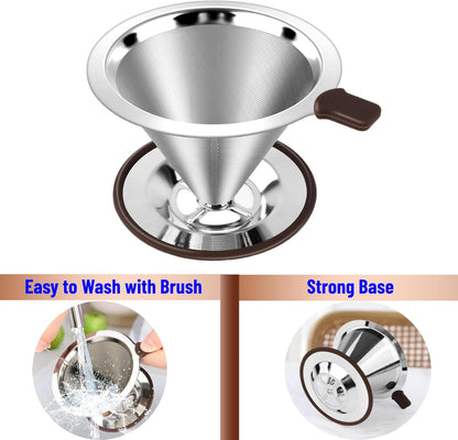 Reusable Paperless Coffee Filter V60,Coffee Dripper,Professional Stainless Steel Drip Cone Brew Coffee Strainer,Double Micro Mesh Filter,Coffee Filter Mug,Silicone Handle & Non-Slip Silicone Base (L)