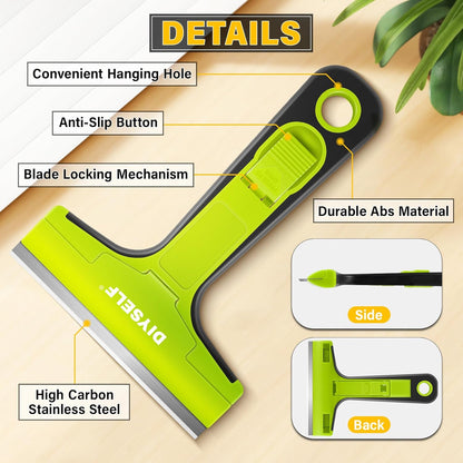 DIYSELF Razor Blade Scraper, 1 PCS Razor Scraper with Handle, Razor Blade Scraper Tool for Glass, Window Scraper with 10 PCS 4″ Blades, Razor Scraper Tool for Cleaning Stovetop, Oven, Shower Glass