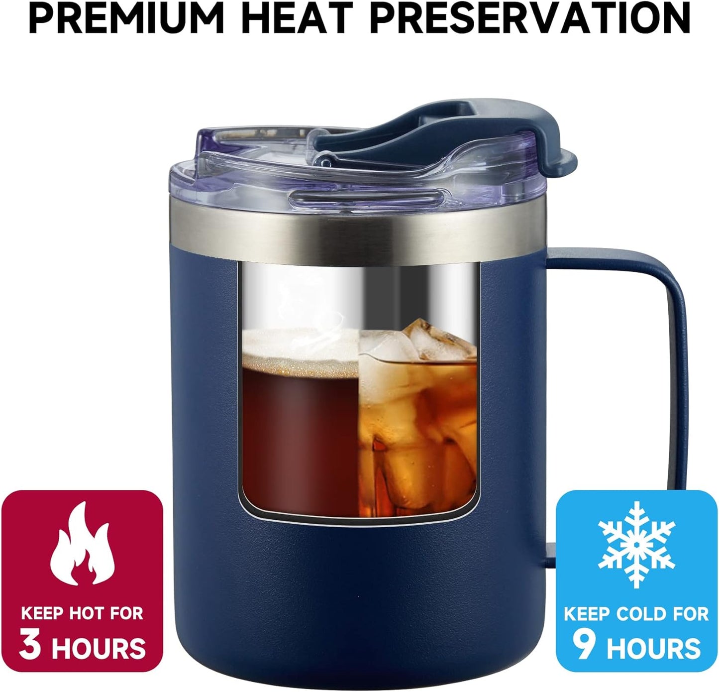 ALOUFEA 12oz Insulated Coffee Mug Cup with Handle, Stainless Steel Travel Coffee Mug with Flip Lid, Double Wall Vacuum Coffee Tumbler, Navy