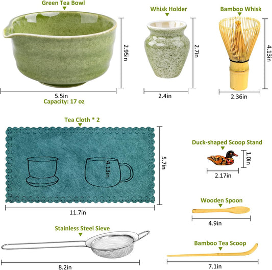 Matcha Set, 9 Pcs Japanese Matcha Whisk Set Matcha Tea Set for Traditional Tea Ceremony, Ceramic Matcha Kit for Matcha Drinks Matcha Set Whisk and Bowl Gift for Starters & Matcha Lover, Green