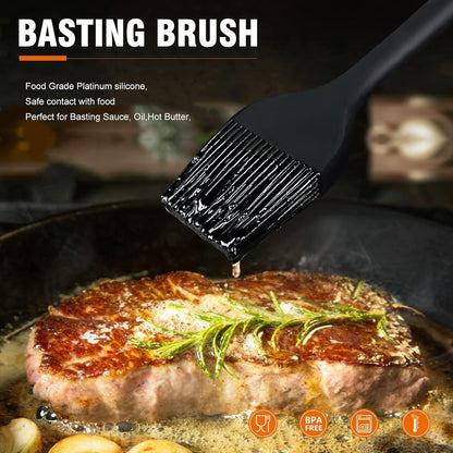 Walfos Basting Brush Silicone and BBQ Mop, Grill Basting Mop with 3 Heads and 2Pcs Pastry Brushes, Wooden Long Handle, Heat Resistant for Grilling, Smoking Steak, Kitchen Cooking (18"）