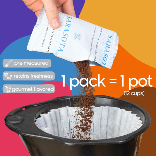 Sarasota Bulk Coffee Packs Ground Packets | Medium, Dark, Colombian, & Flavored Roast Variety | Gourmet Assorted Gift Sampler | Low Acid Pouches for 12 Cup Coffee Maker | 1.75 Oz Bags, 100 Count