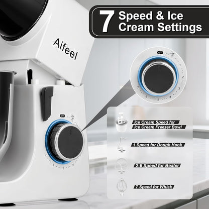 Aifeel Stand Mixer,6.5QT Kitchen Electric Mixer with 2QT Ice Cream Maker Bowl, 6 in 1 Multifunctional Bread Dough Mixer with Dough Hook,Whisk & Beater, Food Mixer for Baking (Black-White)