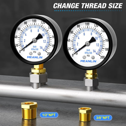 MEANLIN MEASURE 0-200Psi 2" DIAL FACE 1/4" NPT Well Pump Pressure Gauge, with 1/2" NPT and 3/8" NPT Hex Bushing, 3-2-3% Accuracy, Lower Mount