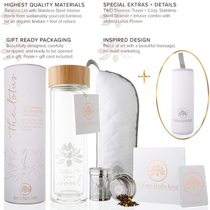 Sacred Lotus Love Double-Walled Glass Tea Tumbler with Infuser and Strainer 15oz - Perfect for Loose Leaf Tea, Cold or Hot Water Bottle, Fruit Drinks - Comes with Travel Sleeve and Cozy