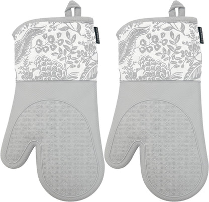 Delaney Silicone Oven Mitts Set - Extra Long, Heat Resistant Kitchen Gloves, Non-Slip Holders for BBQ, Baking, Cooking Essentials, Grey Toile, Kitchen Decor, Oven Gloves, New Home Gifts