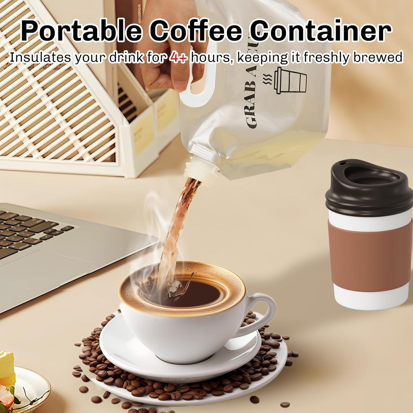 10 Pack Disposable Coffee Dispensers with Handle Coffee Box Cold Hot Beverage Dispenser COFFEE Carrier with Handle Take Out Camping Water Storage Containers Water Bag for Hiking (88oz) (White)