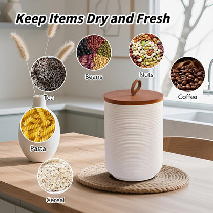 Food Storage Jar Strong Ceramic Storage Canisters with Airtight Wooden Lid,Kitchen Storage Containers for Serving Coffee Beans, Tea, Sugar, Salt, Spices (Medium white)