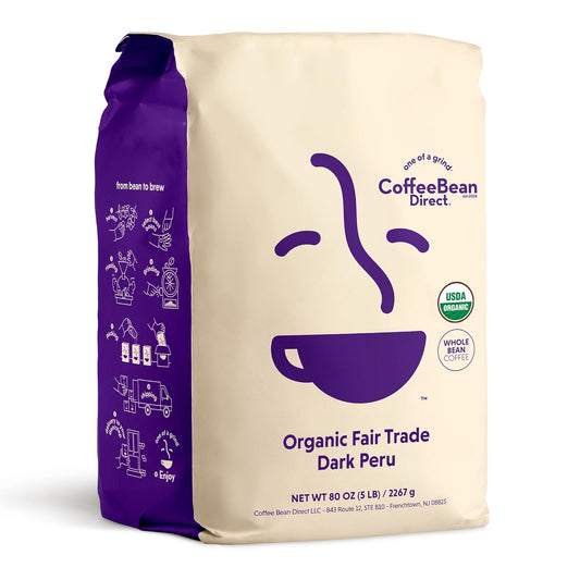 Coffee Bean Direct Organic Fair Trade Dark Peru, Whole Bean Coffee, Dark Roast, 5 Pound Bag (Pack of 1)