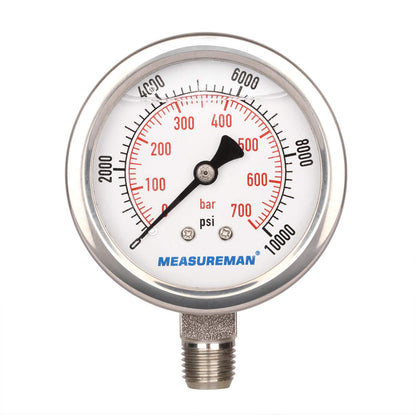 MEASUREMAN 2-1/2" dial,Glycerin Filled Hydraulics Pressure Gauge Stainless Steel case, 316 SS Wetted Part, 0-10000psi/bar1/4 NPT,Lower Mount