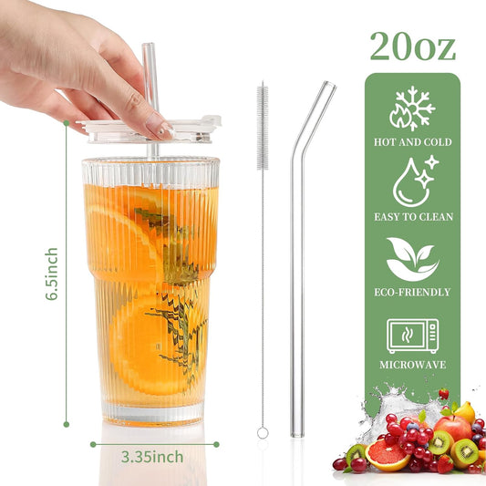 Glass Cups with Lids and Straws - 20oz Glass Tumbler with Straw and Lid, Premium Coffee Cups for Tea, Iced Coffee, Smoothie，Ideal Gift for Home, Office, 4pack