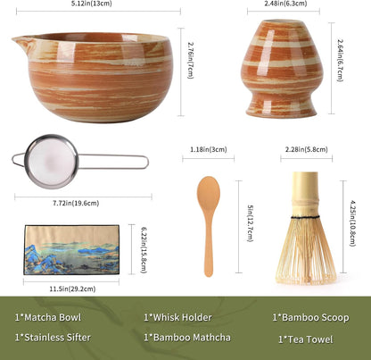 Japanese Matcha Whisk Set - 6-Piece Kit with Bamboo Chasen, Matcha Ceramic Bowl with Spout, Stainless Steel Sifter Yellow