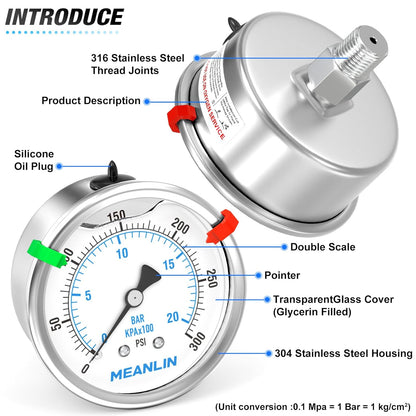 MEANLIN MEASURE 0~300Psi Stainless Steel Liquid Filled Pressure Gauge 2.5" FACE DIAL 1/4" NPT for Air Compressor Air Regulator Water Filter Back Mount with Stainless Steel Hex Bushing and Snaps