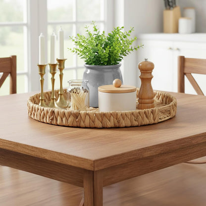 Round Ottoman Tray Large Wicker Serving Tray with Handles for Coffee Table, 18 Inch Handwoven Natural Water Hyacinth Tray