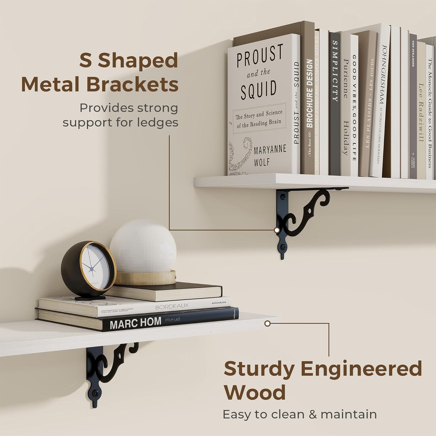 RICHFOCUS Floating Shelves for Wall Decor, 31.5W x 8D Shelves Set of 2, 8" Deep Rustic Wood Floating Shelves Wall Mounted with Metal Brackets, Shelves for Living Room Bedroom Kitchen, White