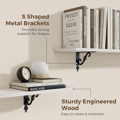 RICHFOCUS Floating Shelves for Wall Decor, 47.3W x 8D Wall Shelves Set of 2, 8 Inch Deep Rustic Wood Shelves Wall Mounted with Brackets, Long Floating Shelves for Living Room Bedroom Kitchen, White