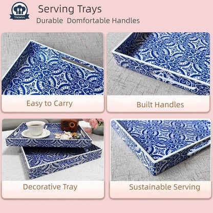 2 Pack Serving Tray with Handles, Rectangular Decorative Trays for Coffee Table, Modern Blue Plastic Ottoman Tray for Living Room, Bathroom, Kitchen, Decor, (Boho Blue)
