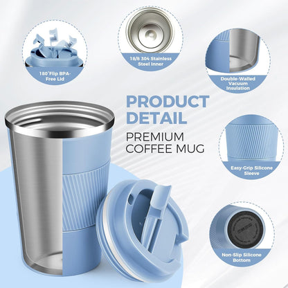 Volhoply 13 oz Stainless Steel Insulated Travel Coffee Mug with Fip Lid Bulk 2 Pack,Reusable Double Wall Vacuum Metal Coffee Cup,Portable Leak Proof Thermal Tumbler for Hot & Cold Drinks(Fog,2)