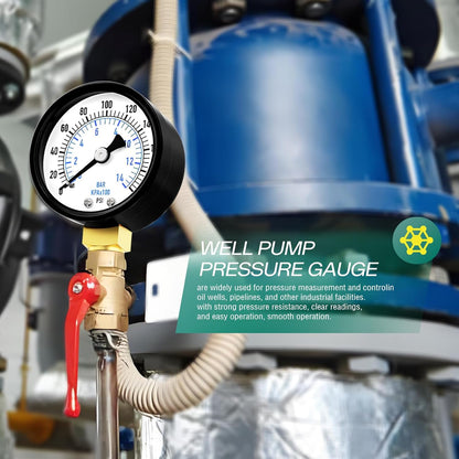 0-200psi Well Pump Pressure Gauge 1/4" NPT 2" Face Dial Size Lower Mount, Multifunctional Practical Dry Pressure Gauge, for Water, Oil and Air Compressor