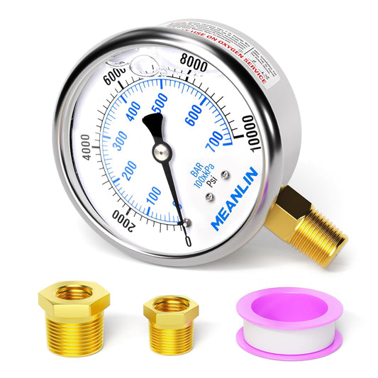MEANLIN MEASURE 0~10000Psi Stainless Steel 1/4" NPT 2.5" FACE DIAL Liquid Filled Pressure Gauge WOG Water Oil Air Lower Mount, with 1/2" NPT and 3/8" NPT Hex Bushing