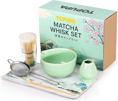 Matcha Bowl and Whisk Set 7PCs Includes Fuji Design 17oz Ceramic Bowl Whisk Holder Bamboo Spoon and Rest Sifter Tea Towel Matcha Kit for Ceremony Blue Matcha Tea Set for Making Breakfast Latte