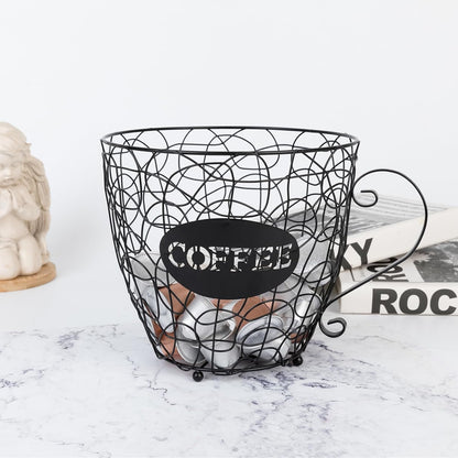 Coffee Pod Holder, Super Large Capacity K-Cup & Nespresso Capsule Basket, XL Metal Kcup Storage, Bar Organizer for Kitchen Dinning Room Office Home Cafe Hotel (Black-Round-Cup)