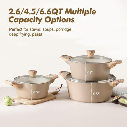 SENSARTE Ceramic Nonstick Stock Pot with Lid, 2.6/4.5/6.6 QT Soup Pot Casserole Pot, Non-toxic Healthy Pasta Pot, Large Cooking Pot Stew Pot, Induction Compatible, PFOA PFAS PTFE Free, Taupe
